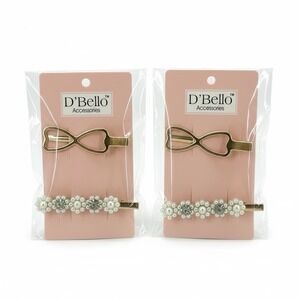 D'Bello Hair Clips Pearl Rhinestone & Gold Bow Barrette Hair Accessory Set Of 2